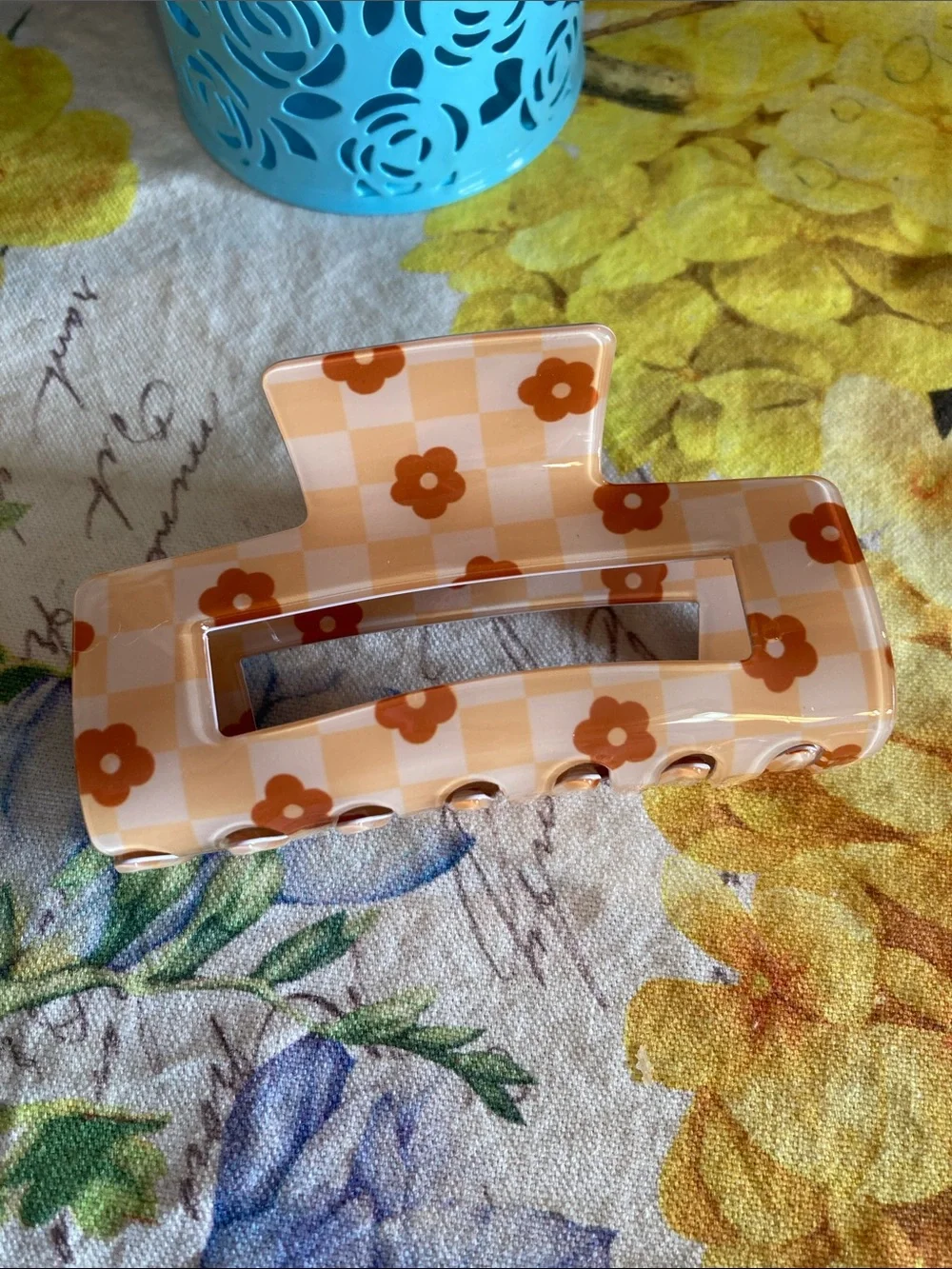 Yellow Gingham Hair Clip with Flowers